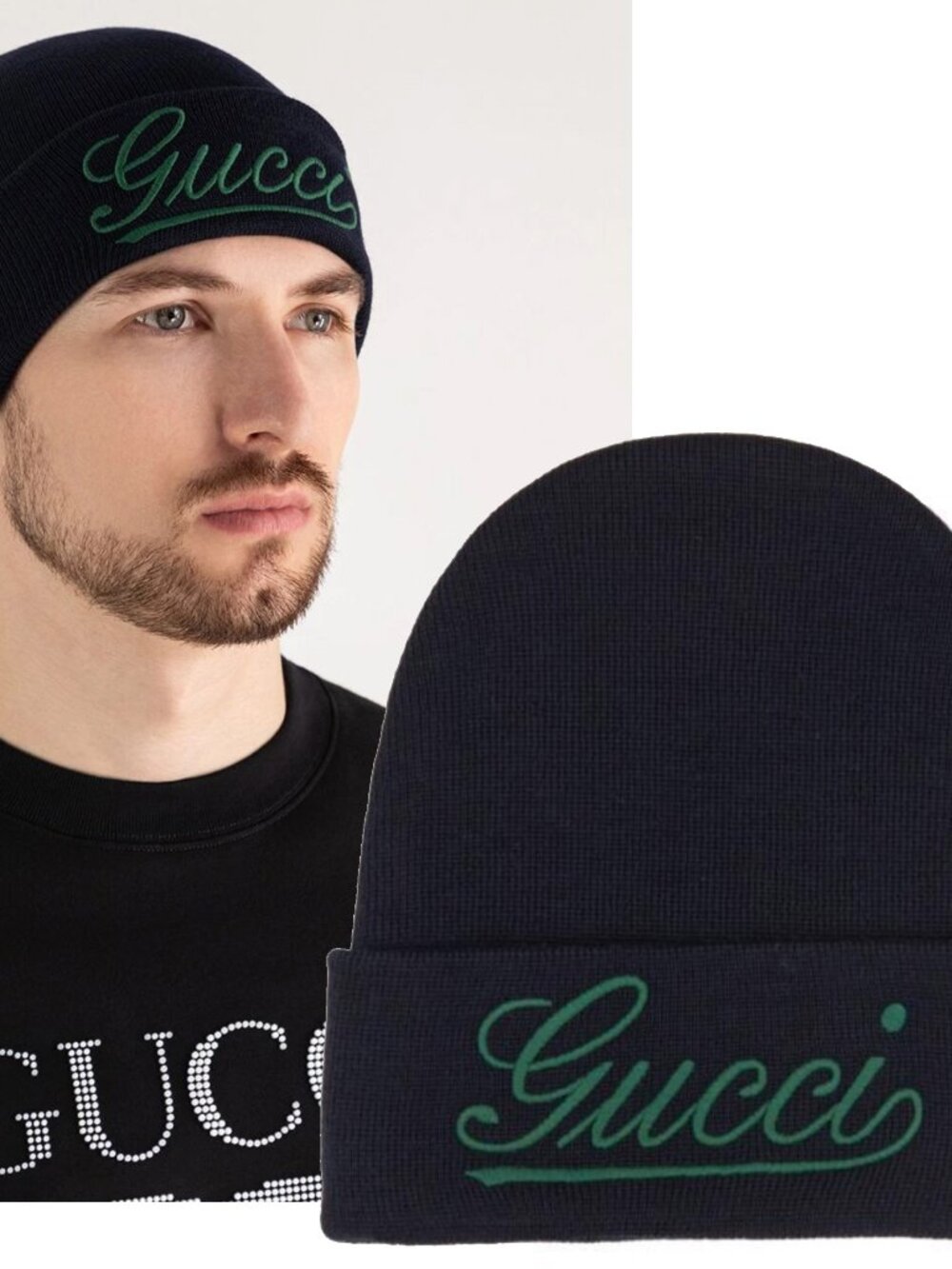 GUCCI HAT BLUE WOOL RIB KNIT LOGO EMBROIDERY BEANIE sz M / MEDIUM / 58CM